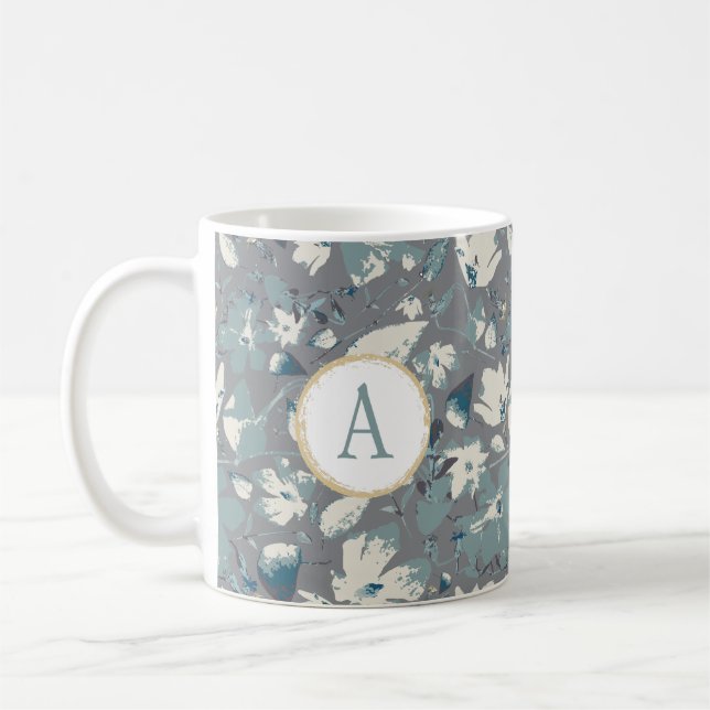 Taza De Café Flores acuáticas Monograma azul gris de Clematis (Izquierda)