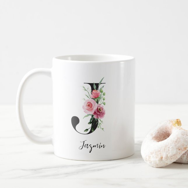 Taza De Café Flores acuáticas Monograma J Nombre personalizado (Con donut)