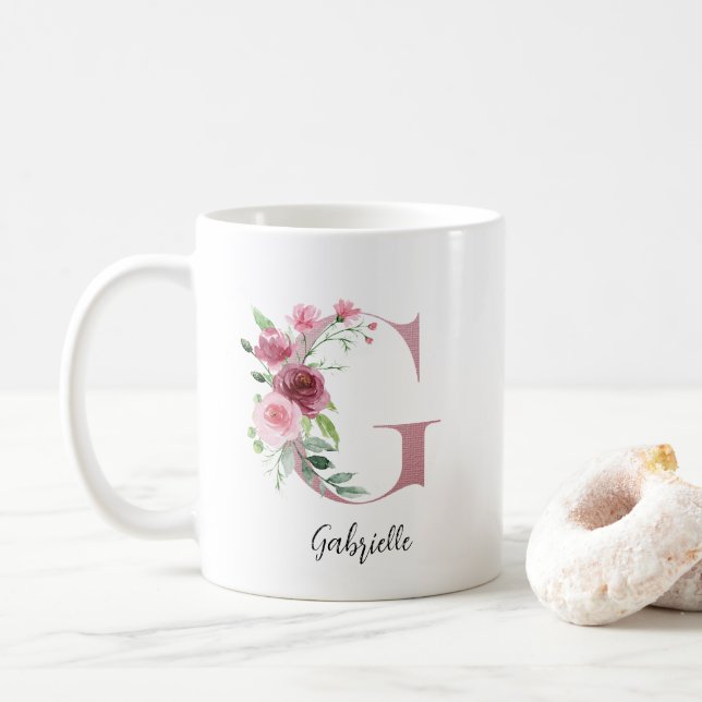 Taza De Café Flores acuáticas Monograma Rosa G Nombre personali (Con donut)