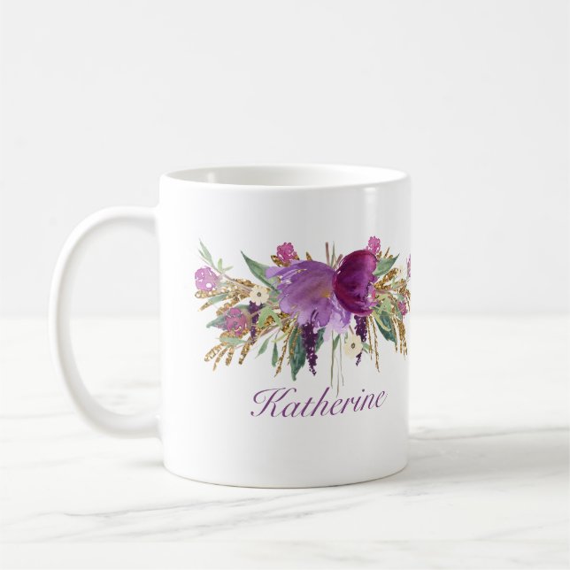 Taza De Café Flores acuáticas moradas y doradas (Izquierda)