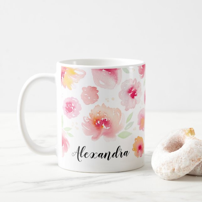 Taza De Café Flores acuáticas Nombre personalizado Café Mug (Con donut)