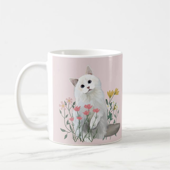 Taza De Café Flores alegres de gato blanco lindo rosado (Izquierda)
