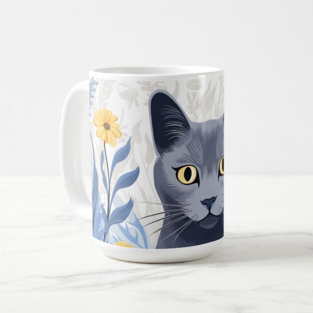 Taza De Café Flores amarillas de gato azul ruso (Anverso izquierdo)