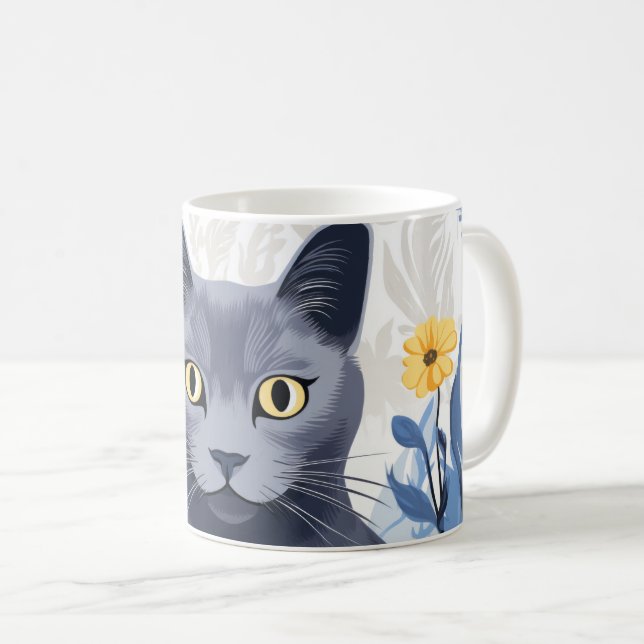 Taza De Café Flores amarillas de gato azul ruso (Anverso derecho)