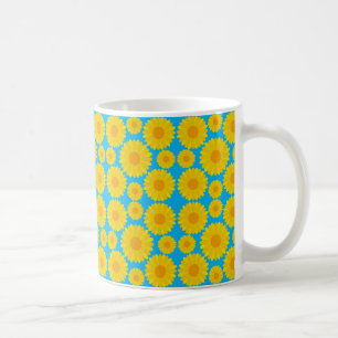 Taza De Café Flores audaces amarillas y Naranjas en fondo azul