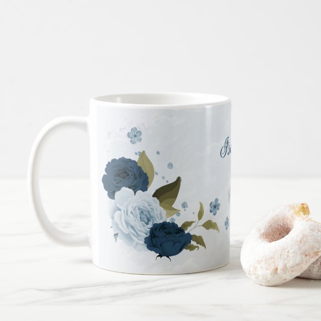 Taza De Café flores azul marino claro (Con donut)
