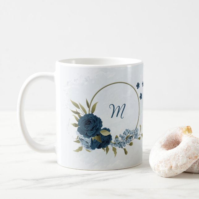 Taza De Café flores azul marino claro  (Con donut)