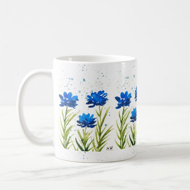 Taza De Café Flores azul primaverales flor acuarela moderna mod (Izquierda)
