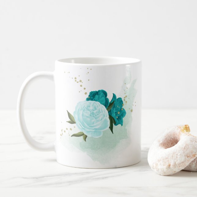 Taza De Café flores azul turquesa claro  (Con donut)