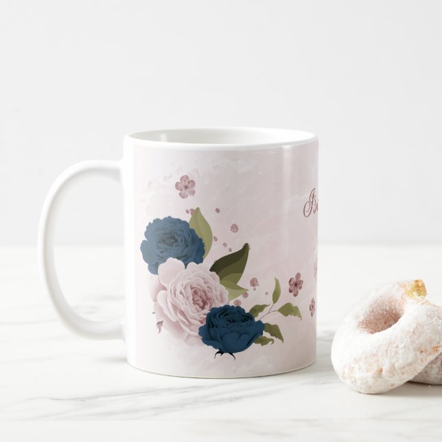 Taza De Café flores azules de la marina rosadas  (Con donut)