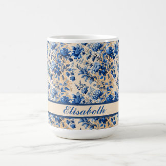 Taza De Café Flores azules de tela vintage Francia | Tu nombre
