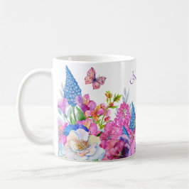 Taza De Café Flores azules púrpura florecen primavera nombre pe