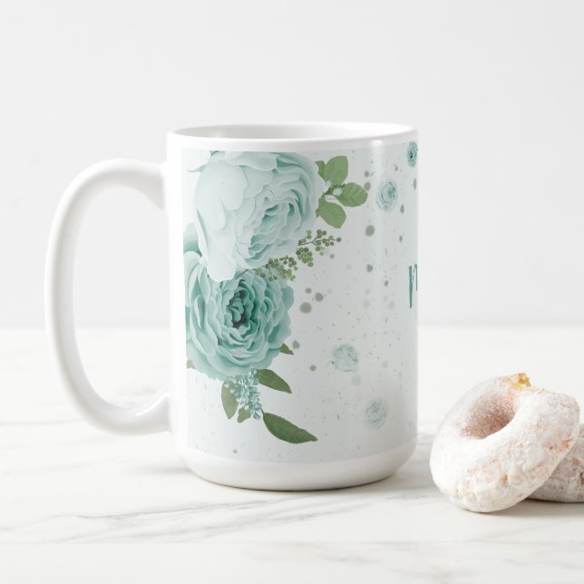 Taza De Café flores azules románticas vegetación café tazón (Con donut)