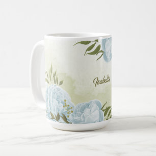 Taza De Café flores azules románticas y hojas verdes botánicas