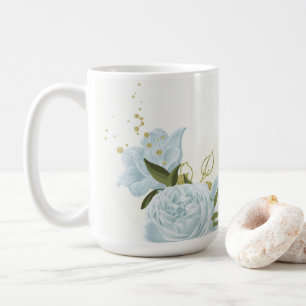 Taza De Café flores azules románticas y hojas verdes botánicas
