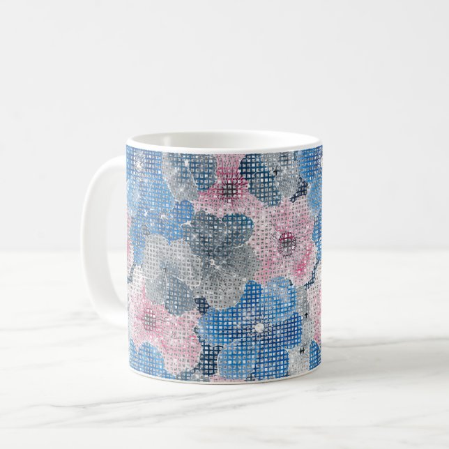 Taza De Café Flores Azules Rosadas Brillan (Anverso izquierdo)