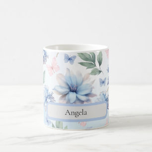 Taza De Café Flores azules y mariposas rosas