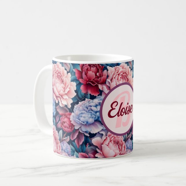 Taza De Café Flores azules y rosas personalizadas (Anverso izquierdo)