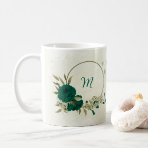 Taza De Café flores beige verde esmeralda 