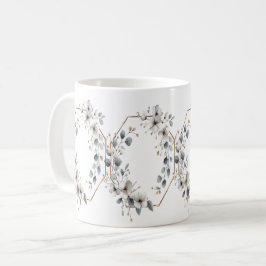 Taza De Café Flores blancas acuarela marco dorado teal plateado