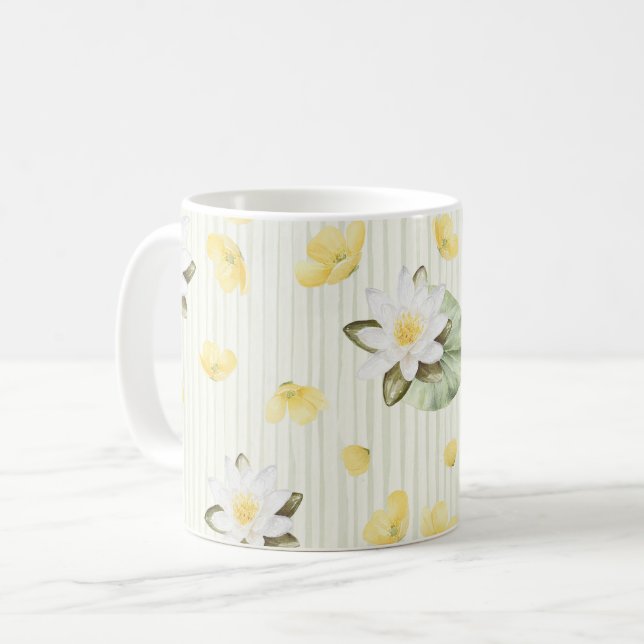 Taza De Café Flores Blancas Amarillas Rayas (Anverso izquierdo)