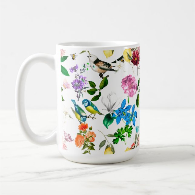 Taza De Café Flores blancas, aves, abejas, limón, mariposas, (Izquierda)