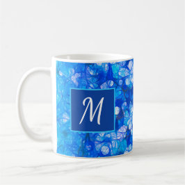 Taza De Café Flores blancas azules modernas Monograma Personali