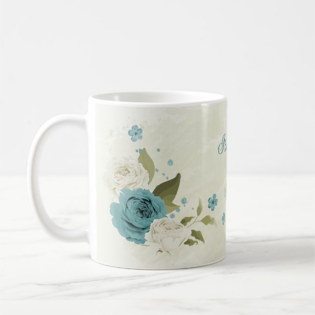 Taza De Café flores blancas azules vegetación (Izquierda)