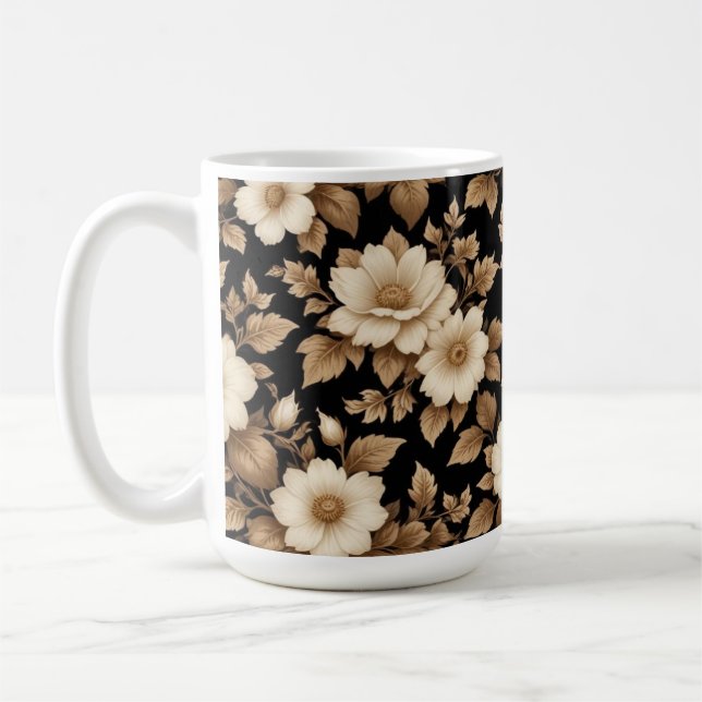 Taza De Café Flores blancas de fondo negro (Izquierda)