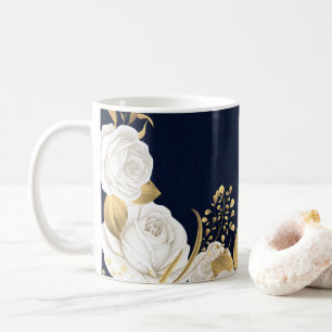 Taza De Café flores blancas hojas doradas azul marino