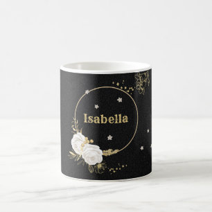Taza De Café flores blancas hojas doradas negras