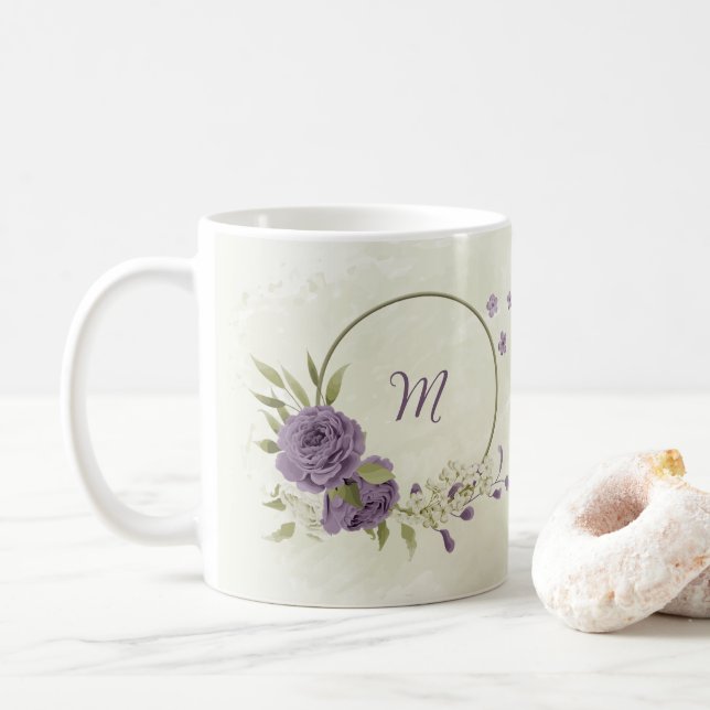Taza De Café flores blancas malva follaje  (Con donut)
