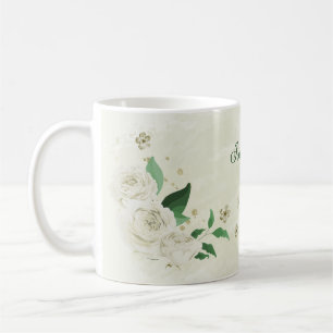 Taza De Café Flores blancas marfil románticas con vegetación