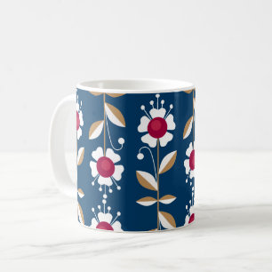 Taza De Café Flores blancas retro sobre un fondo azul oscuro