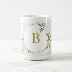 Taza De Café flores blancas románticas con hermosas hojas verde