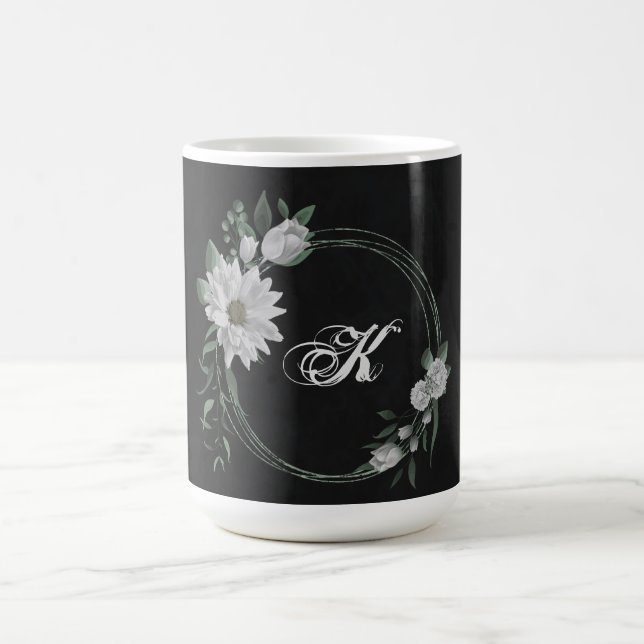 Taza De Café flores blancas románticas verde negro (Centro)