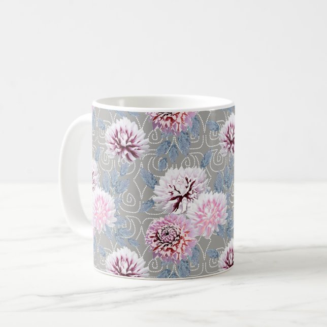 Taza De Café Flores blancas, rosadas sobre gris. (Anverso izquierdo)