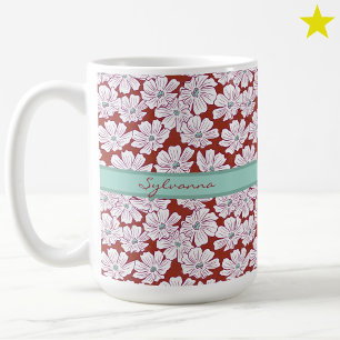 Taza De Café Flores Blancas Rústicas Boceto Nombre Personalizad
