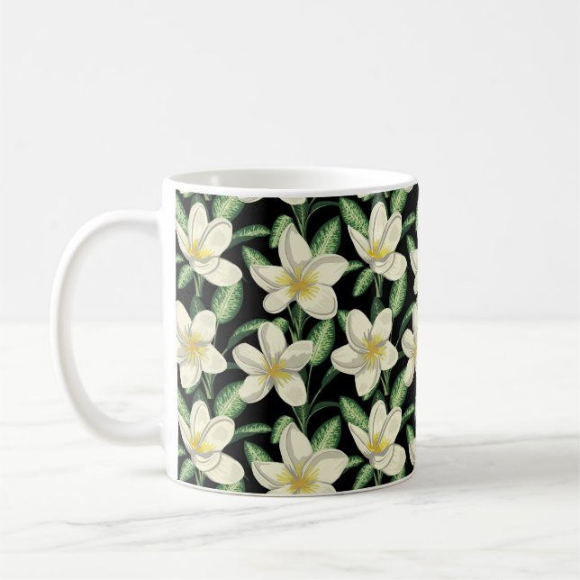 Taza De Café Flores blancas sin costuras trópicas hoja verde (Izquierda)