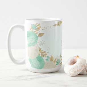 Taza De Café flores blancas verde menta boda floral oro