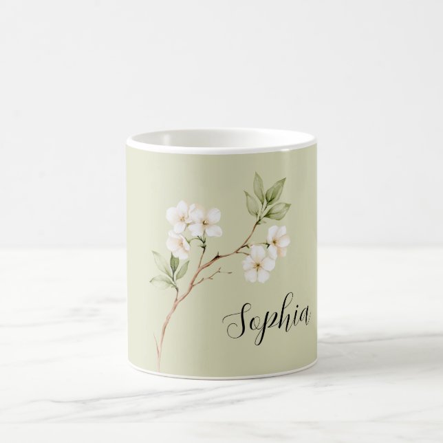Taza De Café Flores Blancas Verde Pálido Personalizadas (Centro)