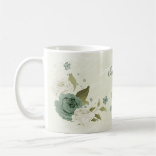 Taza De Café flores blancas verde salvia