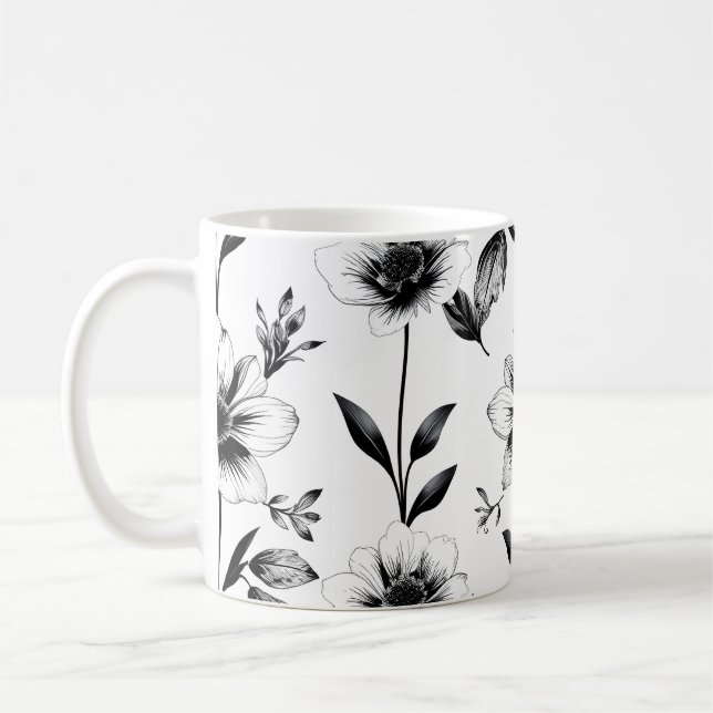 Taza De Café Flores blancas y negras  (Izquierda)