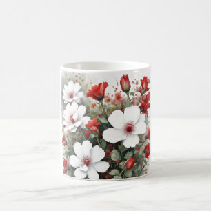 Taza De Café Flores blancas y rojas Elegante acuarela