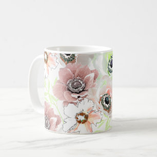 Taza De Café Flores blancas y rosas.