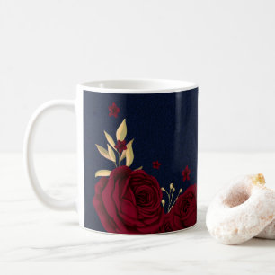 Taza De Café flores borgoña hojas doradas azul marino