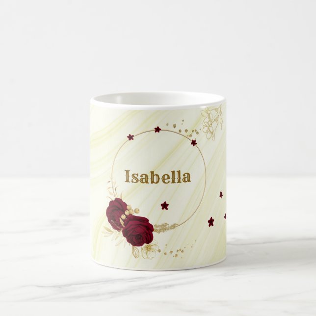 Taza De Café flores borgoña hojas doradas mármol (Centro)