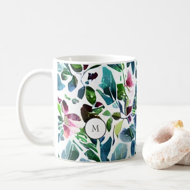 Taza De Café Flores botánicas acuarelas elegantes monogramadas (Con donut)
