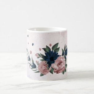 Taza De Café flores botánicas rosa y azul marino
