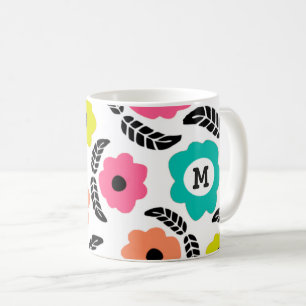 Taza De Café Flores brillantes modernas y monograma de hojas ne